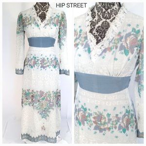 VINTAGE 70's Floral Voile LS High Waist Cottagecore Prairie Maxi Dress XS